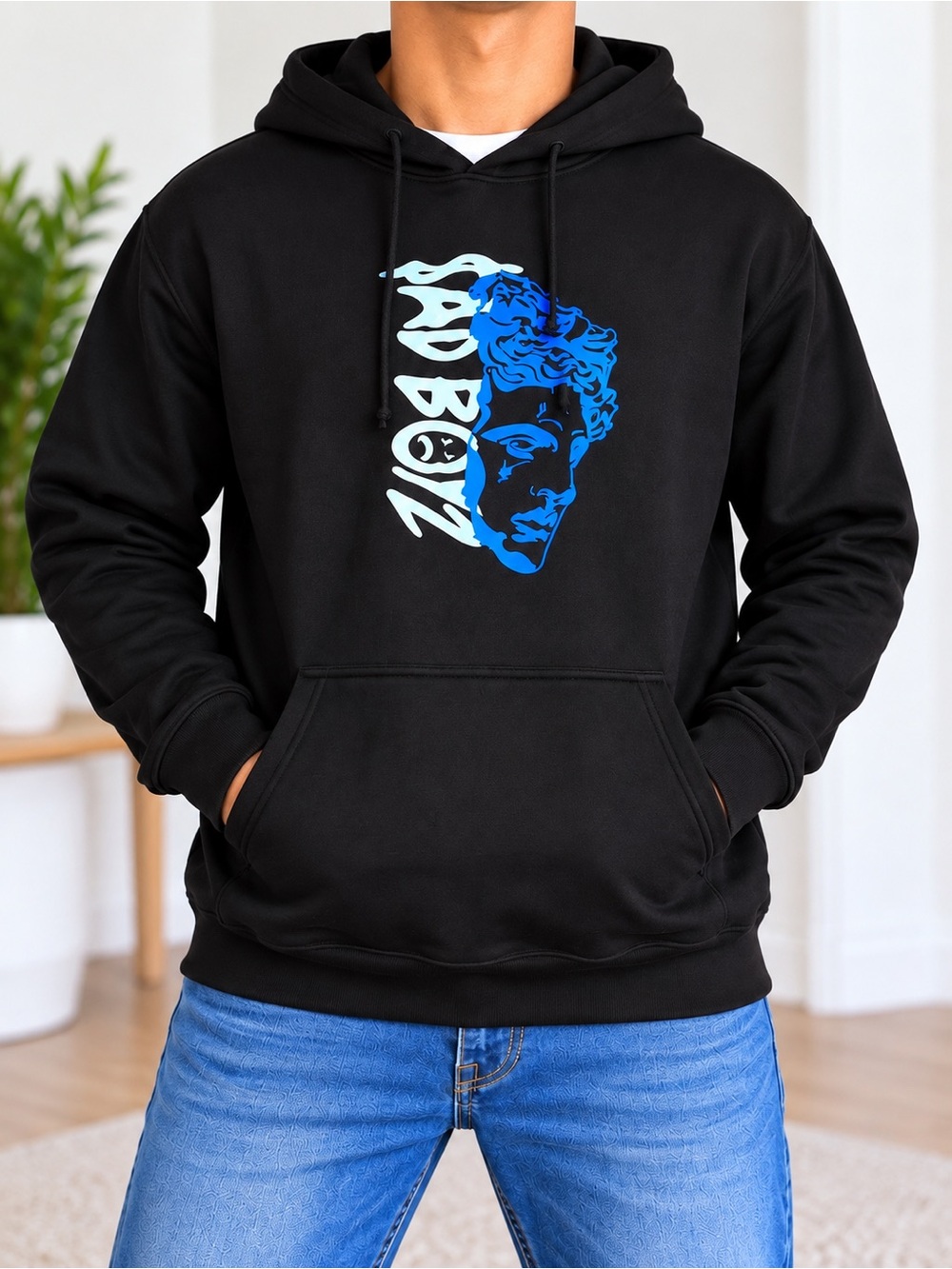 Black Graphic Hoodie Blue Statue Print Size Large